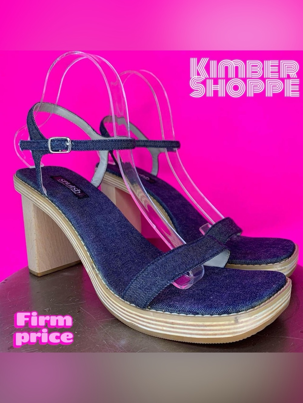 Vintage Splash Dark Blue Denim Wood Heeled Open Toe Sandal US 10 UK 8